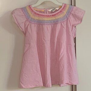 Mini Boden Pink Embroidered Top 5-6Y Rainbow Smocked Yoke Boho Cotton Blouse